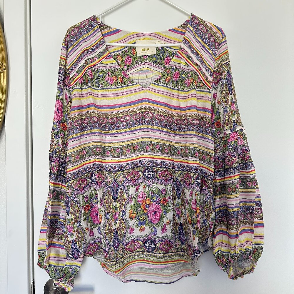 Maeve Anthropologie Ceresco Peasant Blouse Sz Medium Boho Floral Balloon Sleeves